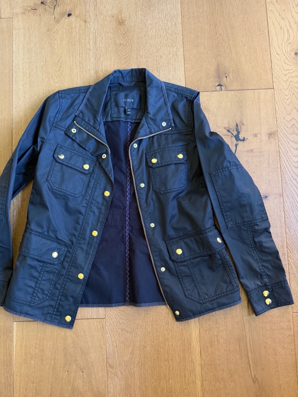 J. Crew Womens Dark Navy Military waxed canvas Jacket with Gold Buttons